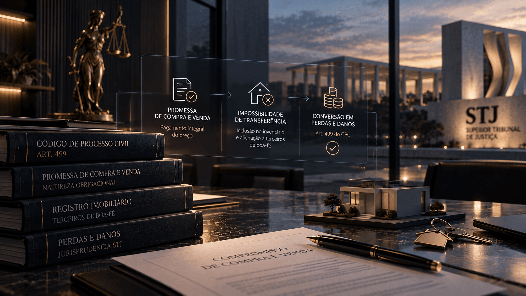 Mesa executiva jurídica com contrato imobiliário, chaves e maquete residencial, representando a conversão de adjudicação compulsória em perdas e danos no STJ