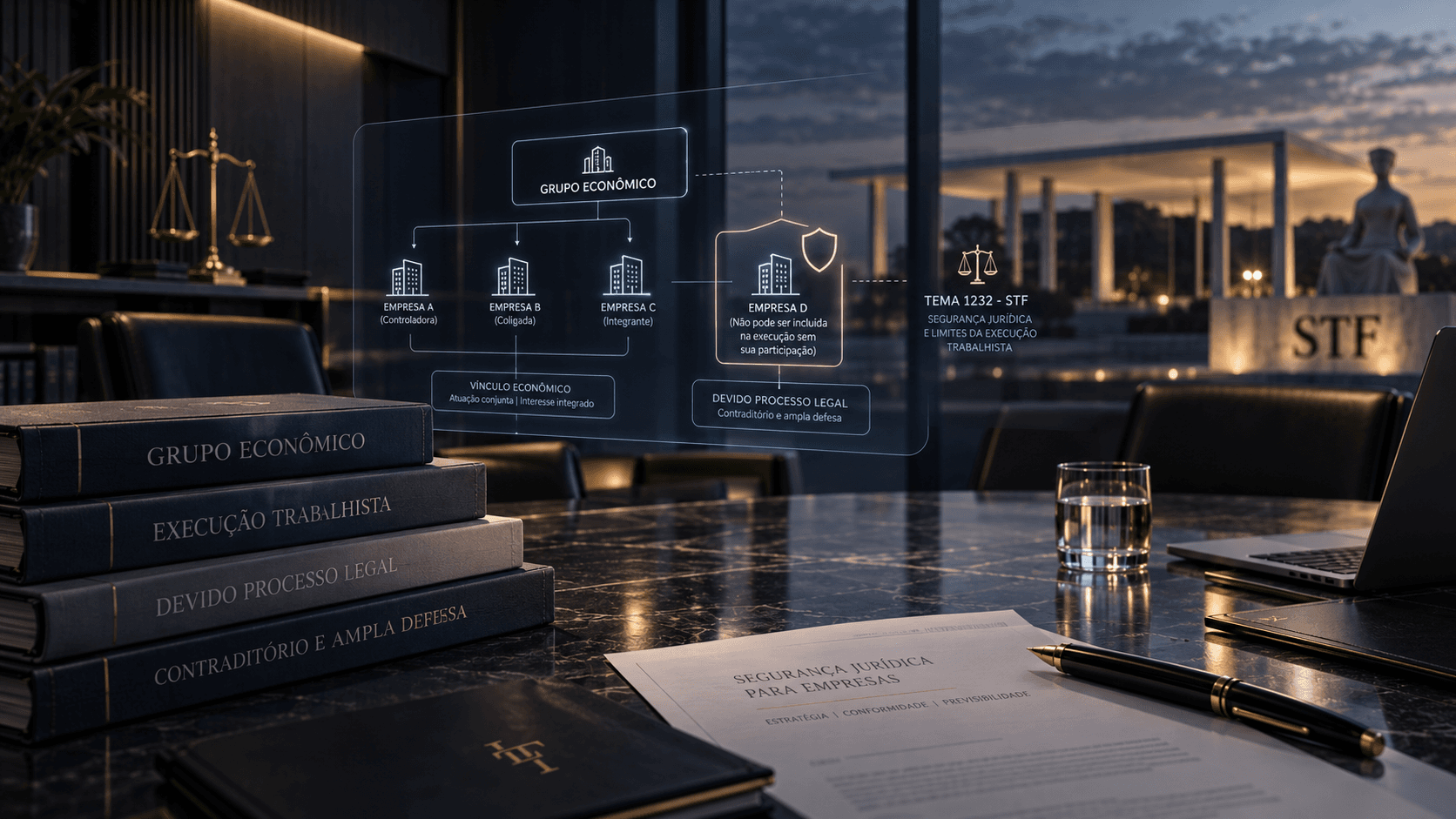 Mesa de reunião de escritório de advocacia com um diagrama holográfico do grupo econômico: a controladora e as empresas A, B e C ligadas, e a Empresa D protegida por um escudo, que não pode ser incluída na execução sem sua participação, ao lado da referência ao Tema 1232 do STF e à segurança jurídica